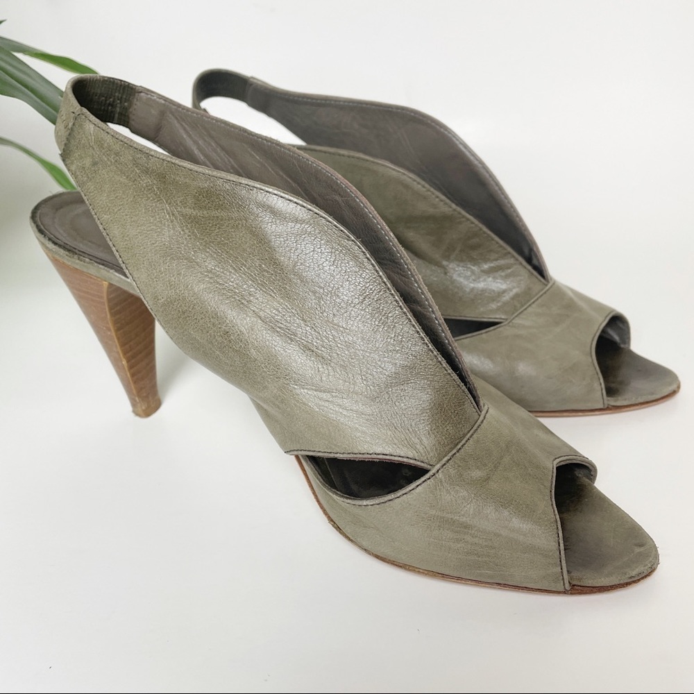 Minnelli Leather Slingback Peep Toe Pumps wooden stacked heel 40